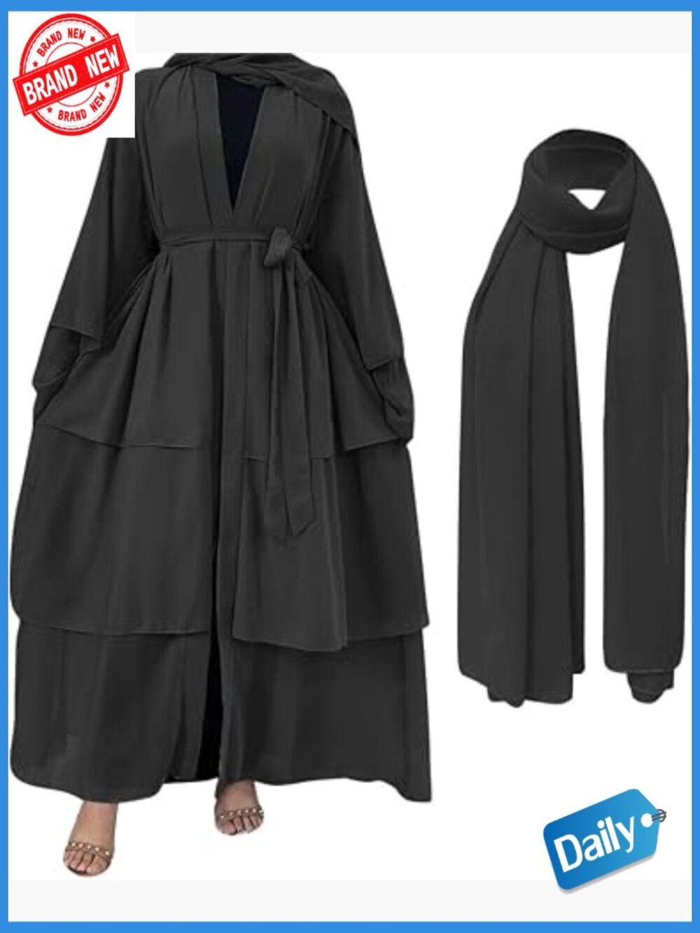 Open Front Chiffon Abaya Maxi Cardigan Modest Islamic Dress with Hijab and Belt
